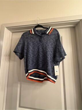 Women’s Short-Sleeve Knit Polo Top - Navy with Orange & White Trim